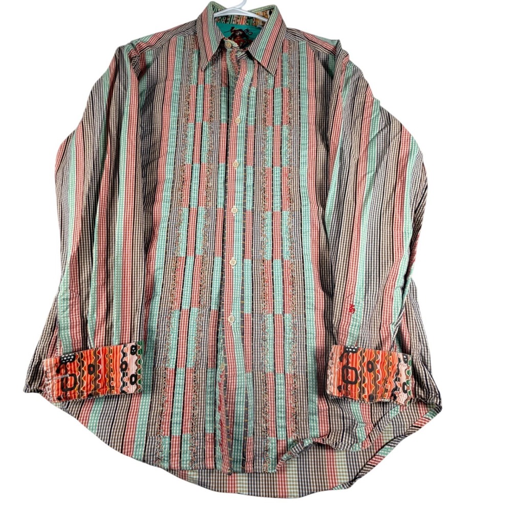 Robert Graham Mens Large Embroidered Striped Gingham Button Down Shirt Silk Trim